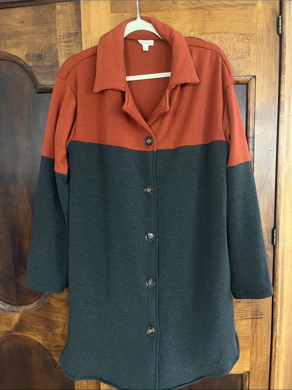 Two-Tone Women's Button-Front Coat - Rust and Charcoal